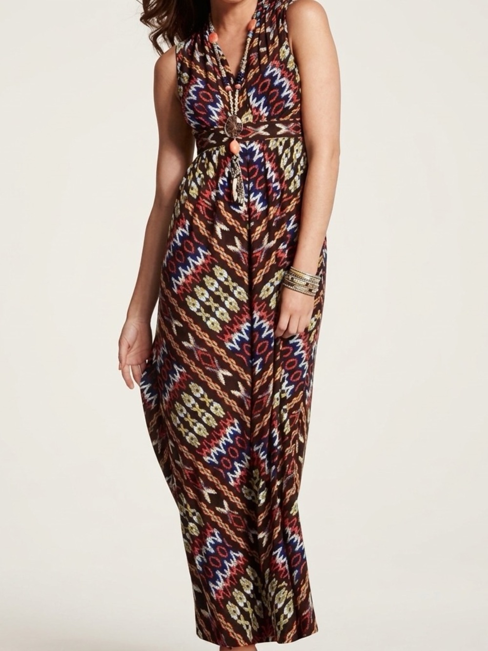 Chico's Travelers Geometric Maxi Dress Size 1 M 8 10 Slinky Knit Aztec Southwest